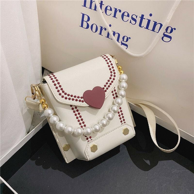 Naisten Pu-Nahka Sydämen Muotoinen Hasp Pearl Chain Käsilaukku Olkalaukku Crossbody Laukut