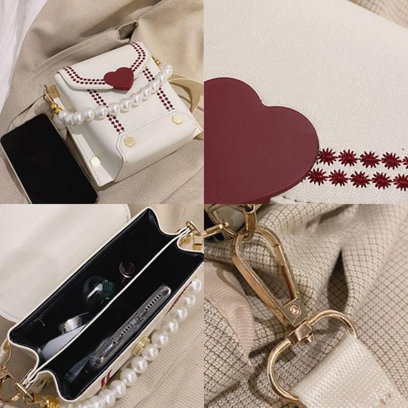 Naisten Pu-Nahka Sydämen Muotoinen Hasp Pearl Chain Käsilaukku Olkalaukku Crossbody Laukut