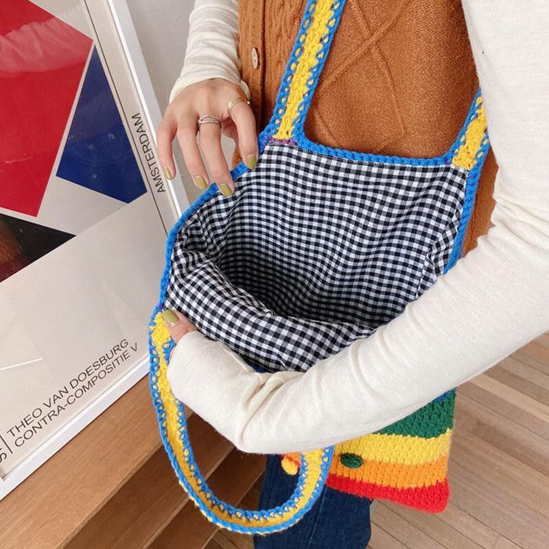 Naiset Rainbow Stripe Sarjakuva Söpö Rento Nuorten Villaneulottu Laukku Käsilaukku Tote Crossbody Laukku