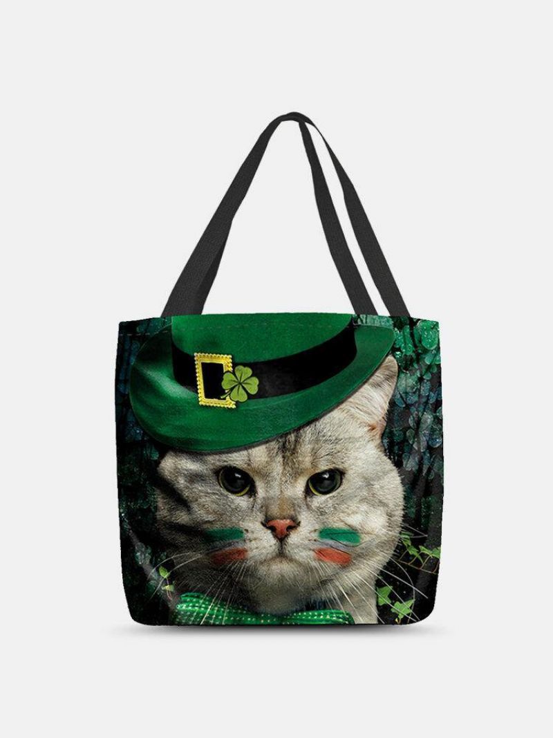 Naisten Clover Cat Pattern Print Happy St Patrick Day Olkalaukku Käsilaukku Tote