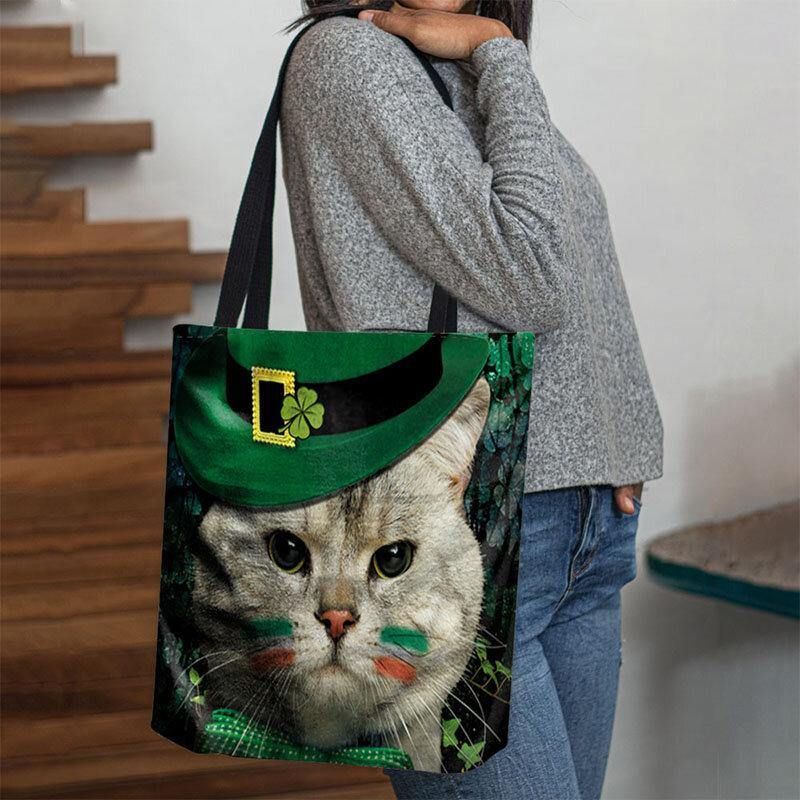 Naisten Clover Cat Pattern Print Happy St Patrick Day Olkalaukku Käsilaukku Tote