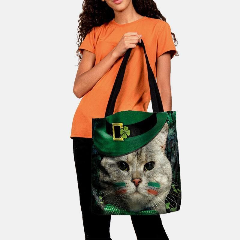 Naisten Clover Cat Pattern Print Happy St Patrick Day Olkalaukku Käsilaukku Tote