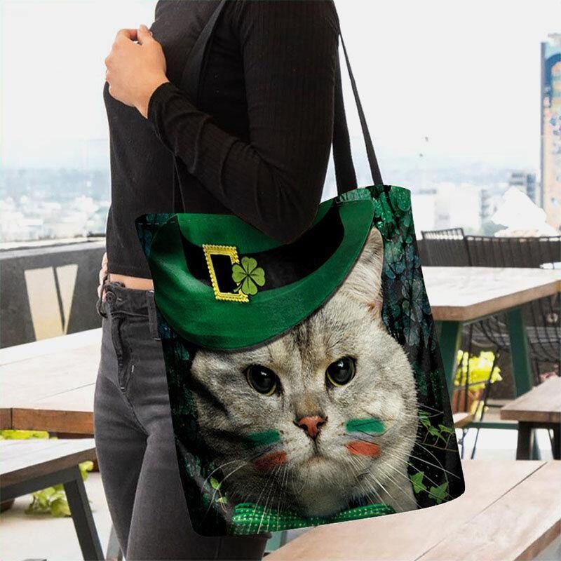 Naisten Clover Cat Pattern Print Happy St Patrick Day Olkalaukku Käsilaukku Tote