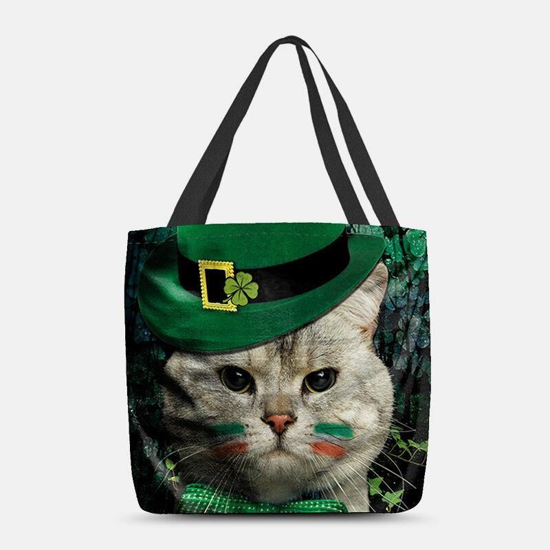 Naisten Clover Cat Pattern Print Happy St Patrick Day Olkalaukku Käsilaukku Tote