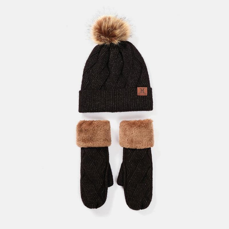 Naisten 2Kpl Wool Plus Thicken Warm Winter Outdoor Neulotut Hanskat Neulottu Hattu Fluff Ballilla