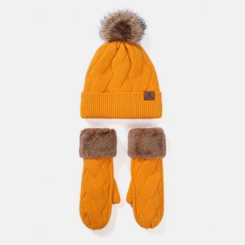 Naisten 2Kpl Wool Plus Thicken Warm Winter Outdoor Neulotut Hanskat Neulottu Hattu Fluff Ballilla