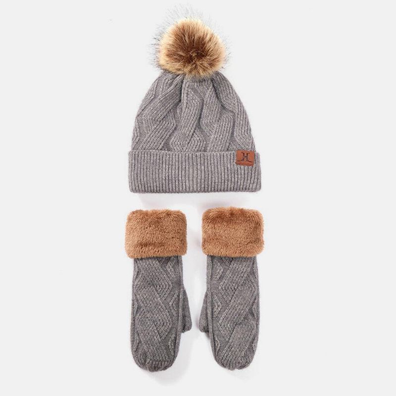 Naisten 2Kpl Wool Plus Thicken Warm Winter Outdoor Neulotut Hanskat Neulottu Hattu Fluff Ballilla