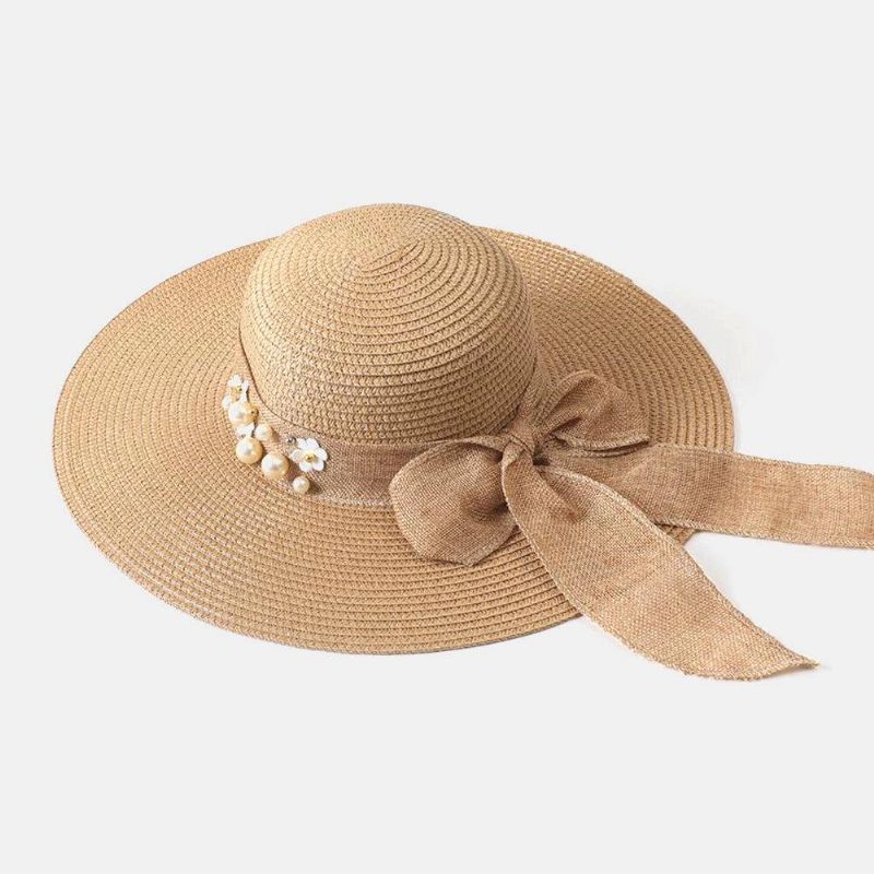 Naisten Olki Yksivärinen Elegantti Big Brim Pearl Bowknot Aaltoileva Reuna Visiiri Aurinkohattu Beach Hat Bucket Hat