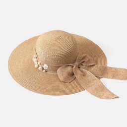 Naisten Olki Yksivärinen Elegantti Big Brim Pearl Bowknot Aaltoileva Reuna Visiiri Aurinkohattu Beach Hat Bucket Hat