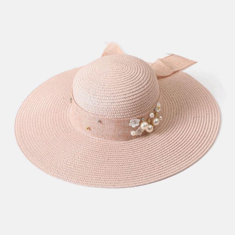 Naisten Olki Yksivärinen Elegantti Big Brim Pearl Bowknot Aaltoileva Reuna Visiiri Aurinkohattu Beach Hat Bucket Hat