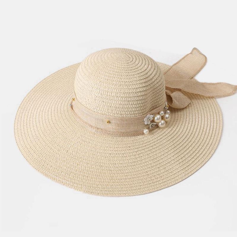 Naisten Olki Yksivärinen Elegantti Big Brim Pearl Bowknot Aaltoileva Reuna Visiiri Aurinkohattu Beach Hat Bucket Hat