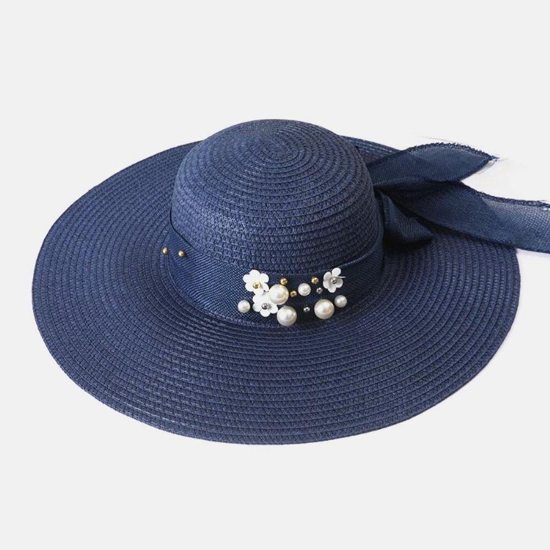 Naisten Olki Yksivärinen Elegantti Big Brim Pearl Bowknot Aaltoileva Reuna Visiiri Aurinkohattu Beach Hat Bucket Hat