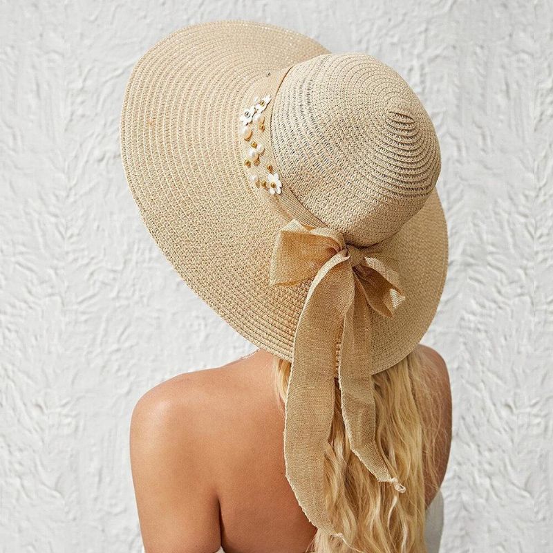 Naisten Olki Yksivärinen Elegantti Big Brim Pearl Bowknot Aaltoileva Reuna Visiiri Aurinkohattu Beach Hat Bucket Hat