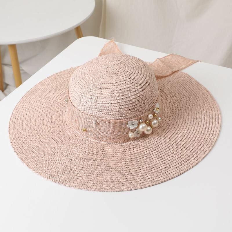 Naisten Olki Yksivärinen Elegantti Big Brim Pearl Bowknot Aaltoileva Reuna Visiiri Aurinkohattu Beach Hat Bucket Hat