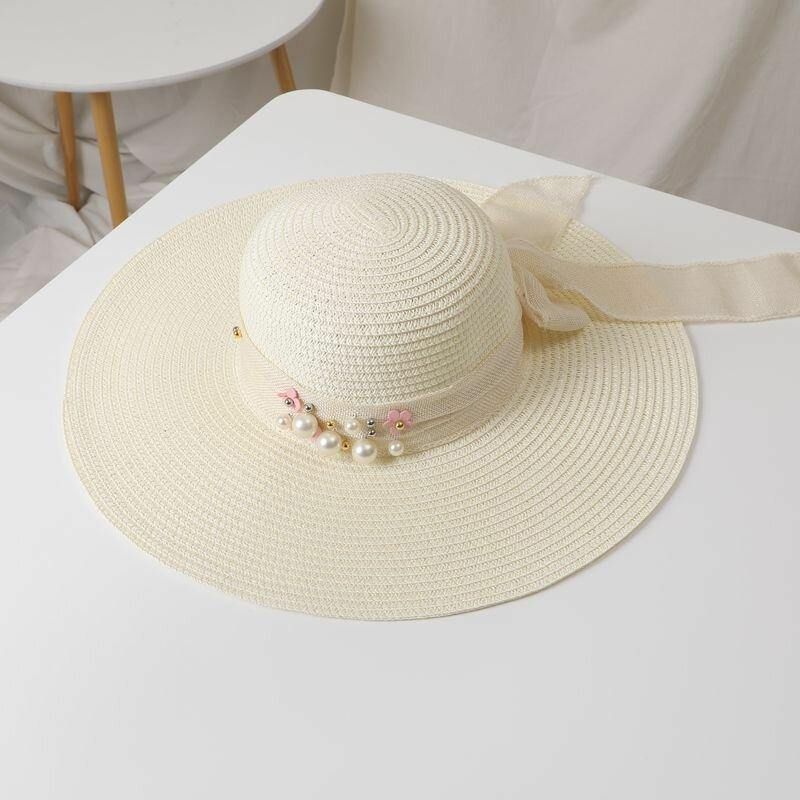 Naisten Olki Yksivärinen Elegantti Big Brim Pearl Bowknot Aaltoileva Reuna Visiiri Aurinkohattu Beach Hat Bucket Hat