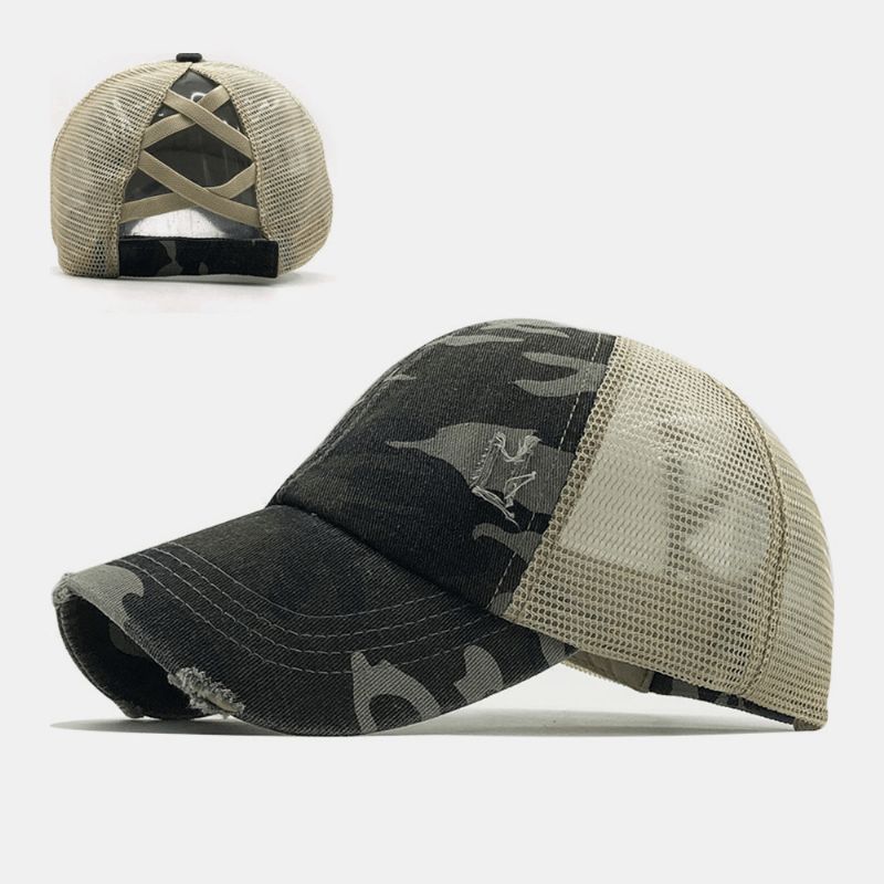 Unisex Camouflage Stretch Fit Cap Mesh Hengittävä Trucker Hat Cross Ponytail Baseball Cap