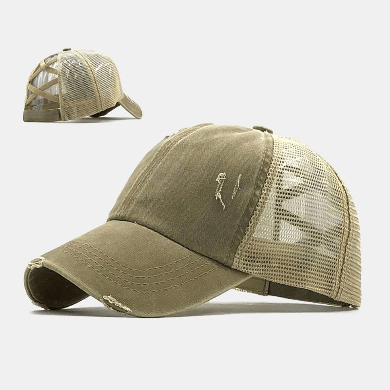 Unisex Camouflage Stretch Fit Cap Mesh Hengittävä Trucker Hat Cross Ponytail Baseball Cap