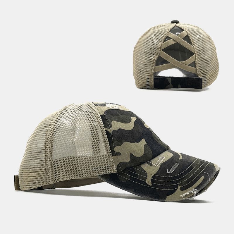 Unisex Camouflage Stretch Fit Cap Mesh Hengittävä Trucker Hat Cross Ponytail Baseball Cap