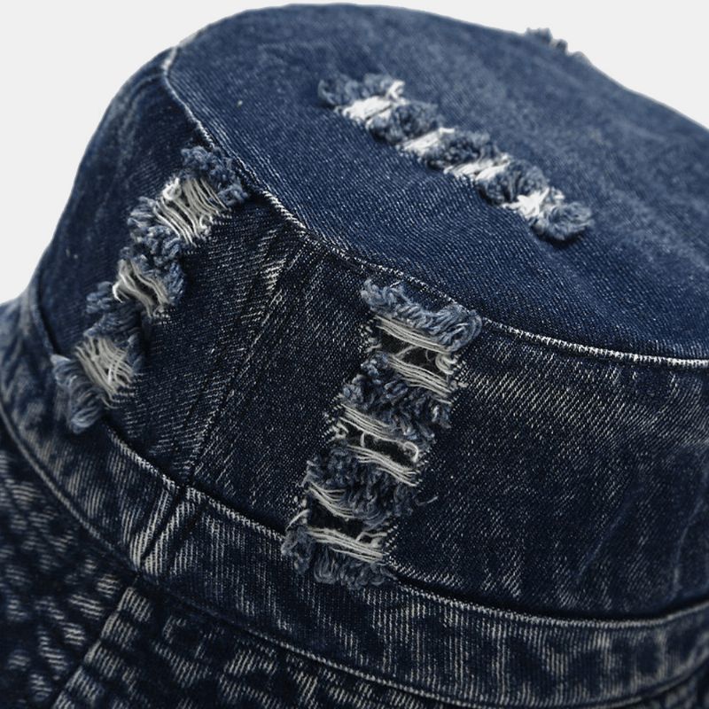 Unisex Denim Broken Holes Made- Old Fashion Outdoor Aurinkovarjo Bucket Hat