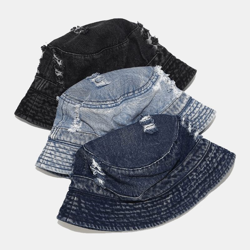 Unisex Denim Broken Holes Made- Old Fashion Outdoor Aurinkovarjo Bucket Hat