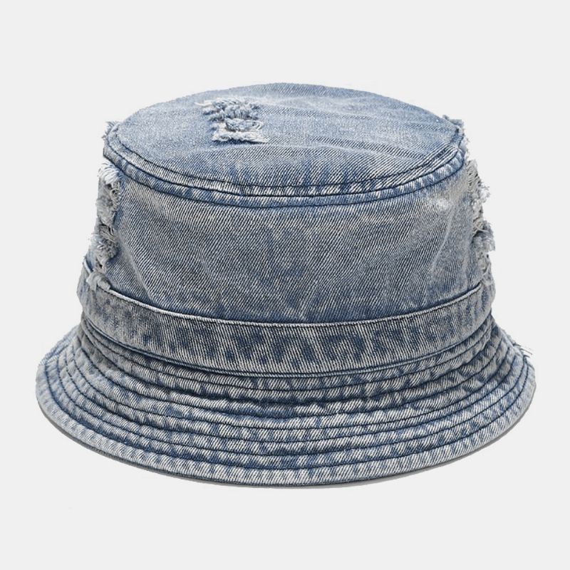 Unisex Denim Broken Holes Made- Old Fashion Outdoor Aurinkovarjo Bucket Hat