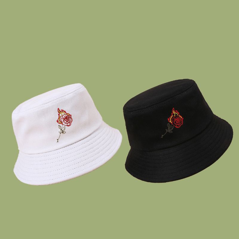 Unisex Flame Rose Kirjonta Aurinkohattu Puuvilla Yksinkertainen Aurinkovoide Bucket Hat