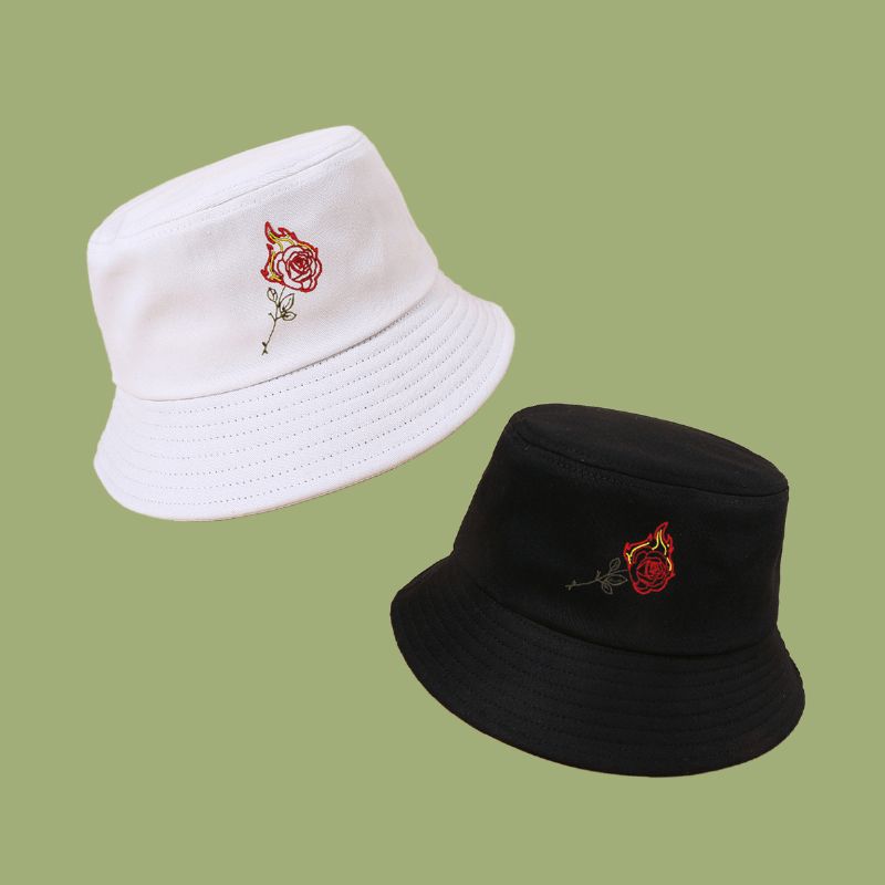 Unisex Flame Rose Kirjonta Aurinkohattu Puuvilla Yksinkertainen Aurinkovoide Bucket Hat