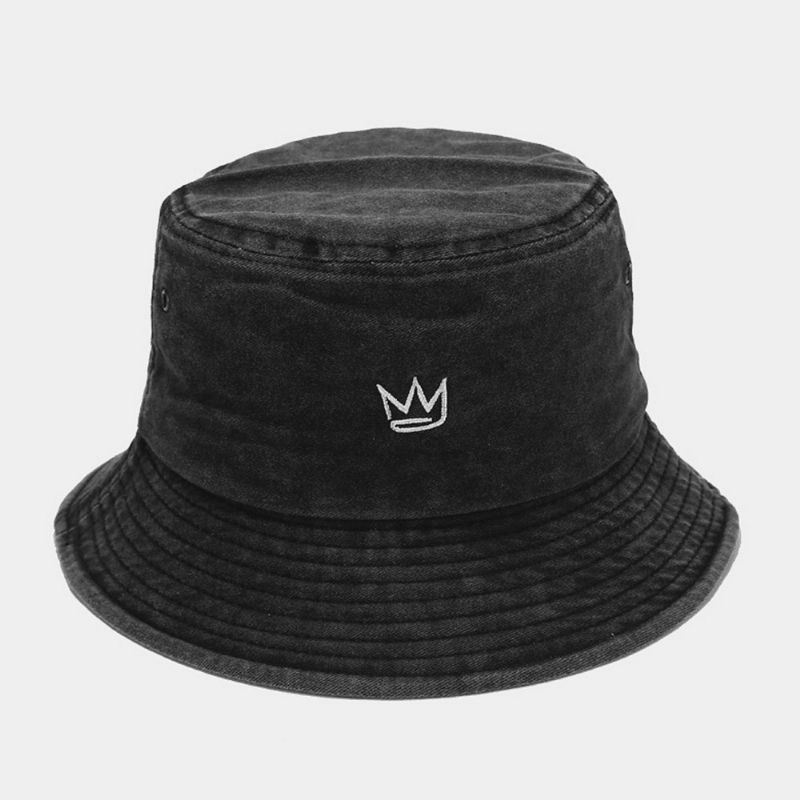 Unisex Pesty Made-Old Bucket Hat Puuvillakruunukuvioinen Kirjonta Yksinkertainen Aurinkovarjohattu