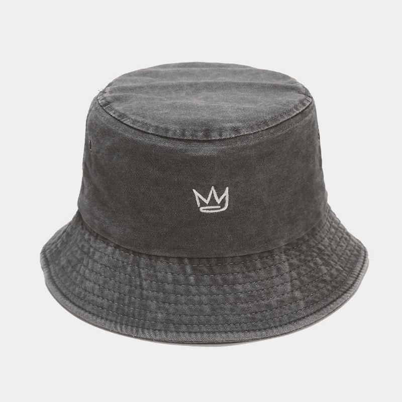 Unisex Pesty Made-Old Bucket Hat Puuvillakruunukuvioinen Kirjonta Yksinkertainen Aurinkovarjohattu