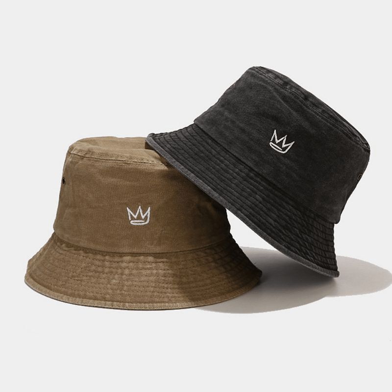 Unisex Pesty Made-Old Bucket Hat Puuvillakruunukuvioinen Kirjonta Yksinkertainen Aurinkovarjohattu