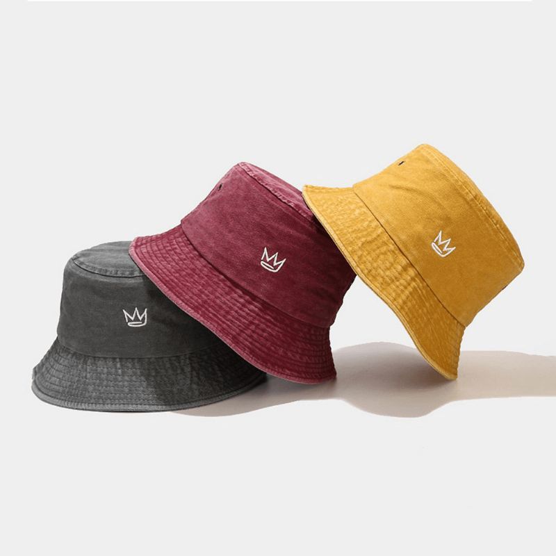 Unisex Pesty Made-Old Bucket Hat Puuvillakruunukuvioinen Kirjonta Yksinkertainen Aurinkovarjohattu