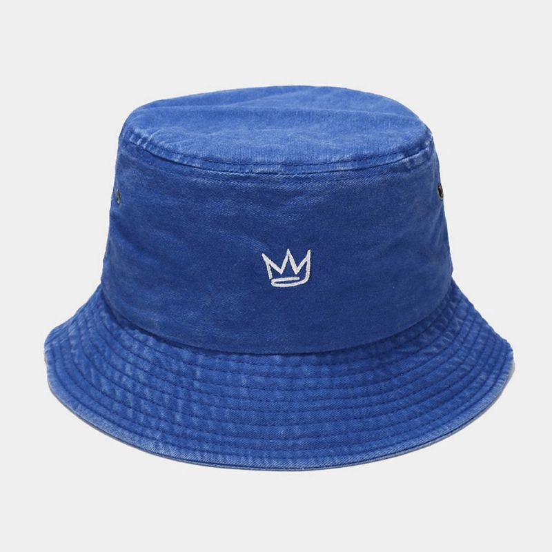 Unisex Pesty Made-Old Bucket Hat Puuvillakruunukuvioinen Kirjonta Yksinkertainen Aurinkovarjohattu