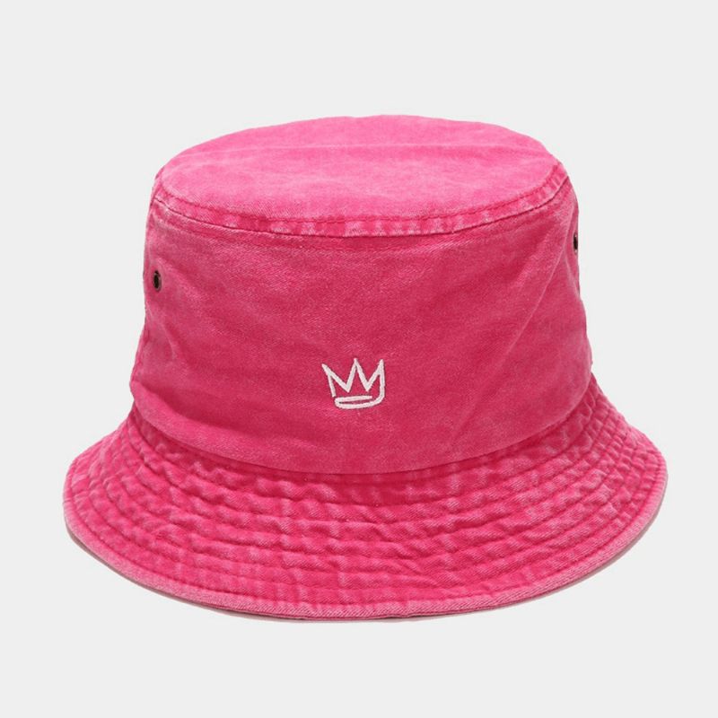 Unisex Pesty Made-Old Bucket Hat Puuvillakruunukuvioinen Kirjonta Yksinkertainen Aurinkovarjohattu