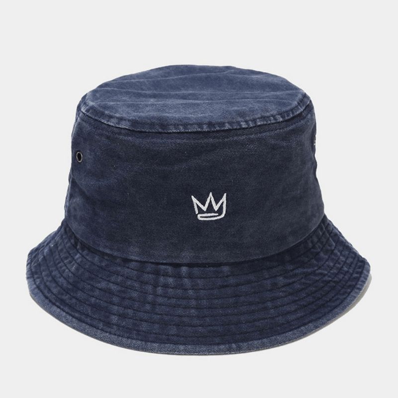 Unisex Pesty Made-Old Bucket Hat Puuvillakruunukuvioinen Kirjonta Yksinkertainen Aurinkovarjohattu