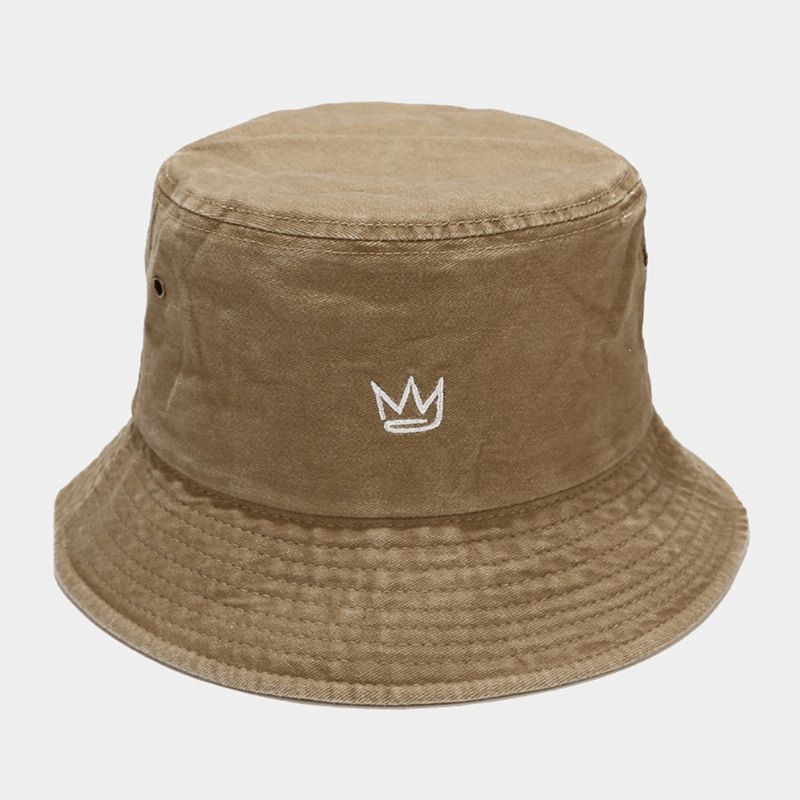 Unisex Pesty Made-Old Bucket Hat Puuvillakruunukuvioinen Kirjonta Yksinkertainen Aurinkovarjohattu