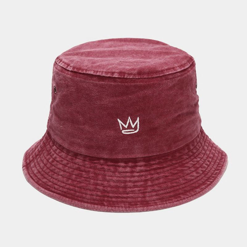 Unisex Pesty Made-Old Bucket Hat Puuvillakruunukuvioinen Kirjonta Yksinkertainen Aurinkovarjohattu