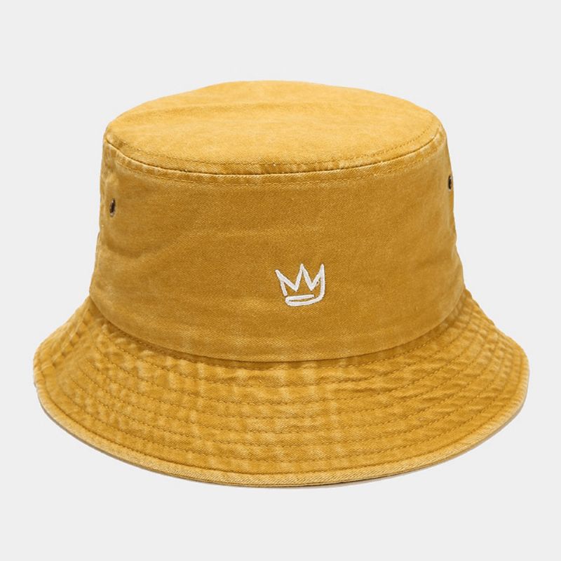 Unisex Pesty Made-Old Bucket Hat Puuvillakruunukuvioinen Kirjonta Yksinkertainen Aurinkovarjohattu