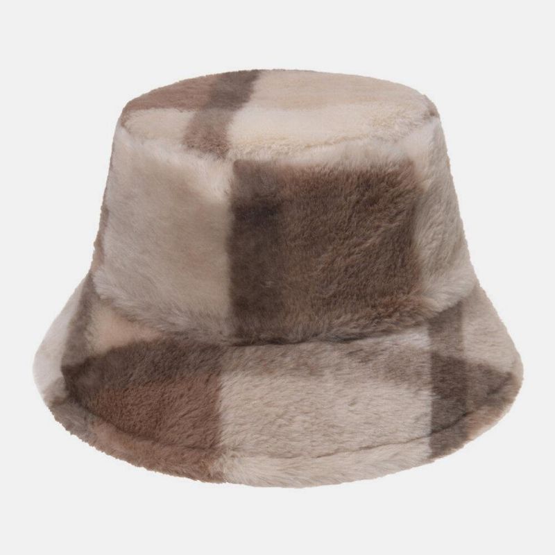 Unisex Rabbit Hair Plaids Pattern Plus Thicken Warm Windproof Pehmeä All-Match Travel Bucket Hat