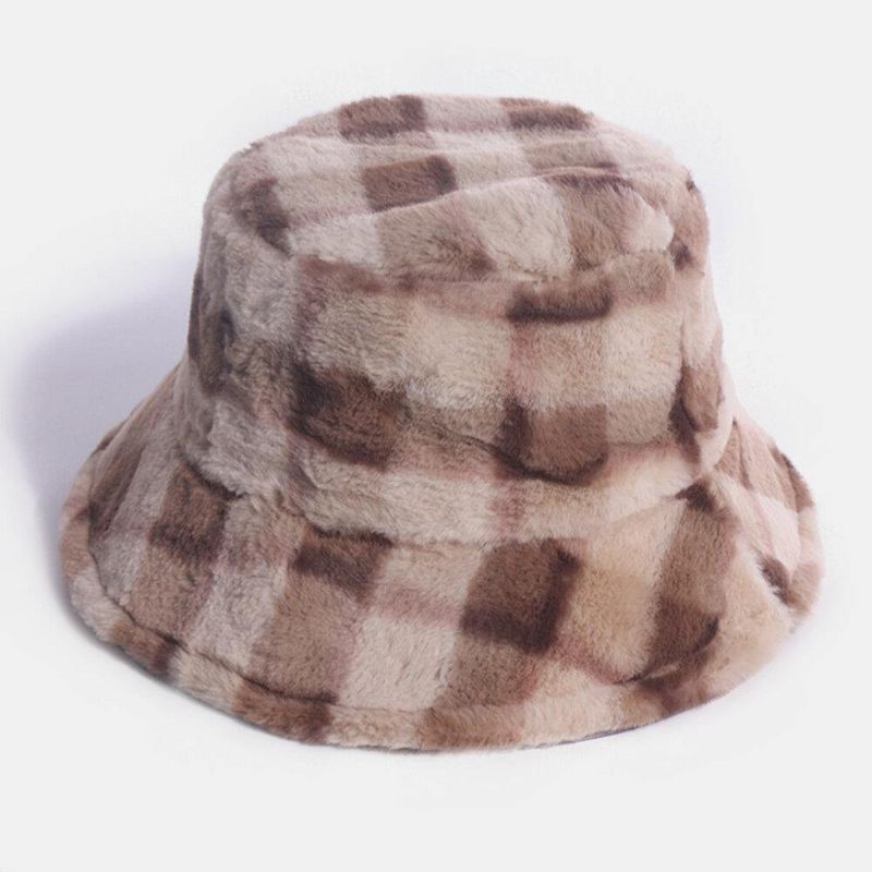 Unisex Rabbit Hair Plaids Pattern Plus Thicken Warm Windproof Pehmeä All-Match Travel Bucket Hat