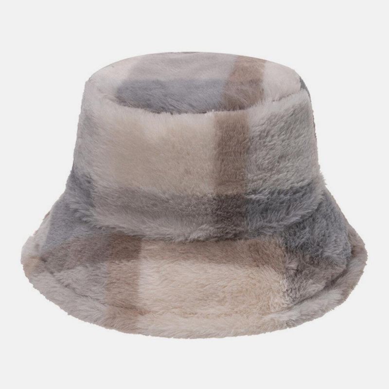 Unisex Rabbit Hair Plaids Pattern Plus Thicken Warm Windproof Pehmeä All-Match Travel Bucket Hat