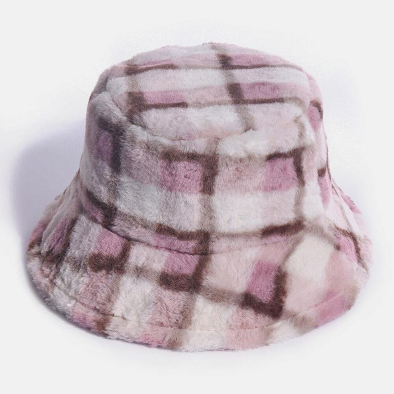 Unisex Rabbit Hair Plaids Pattern Plus Thicken Warm Windproof Pehmeä All-Match Travel Bucket Hat