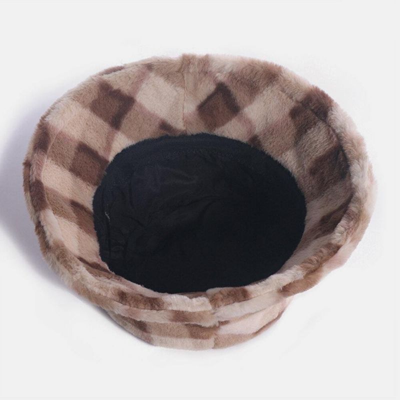 Unisex Rabbit Hair Plaids Pattern Plus Thicken Warm Windproof Pehmeä All-Match Travel Bucket Hat