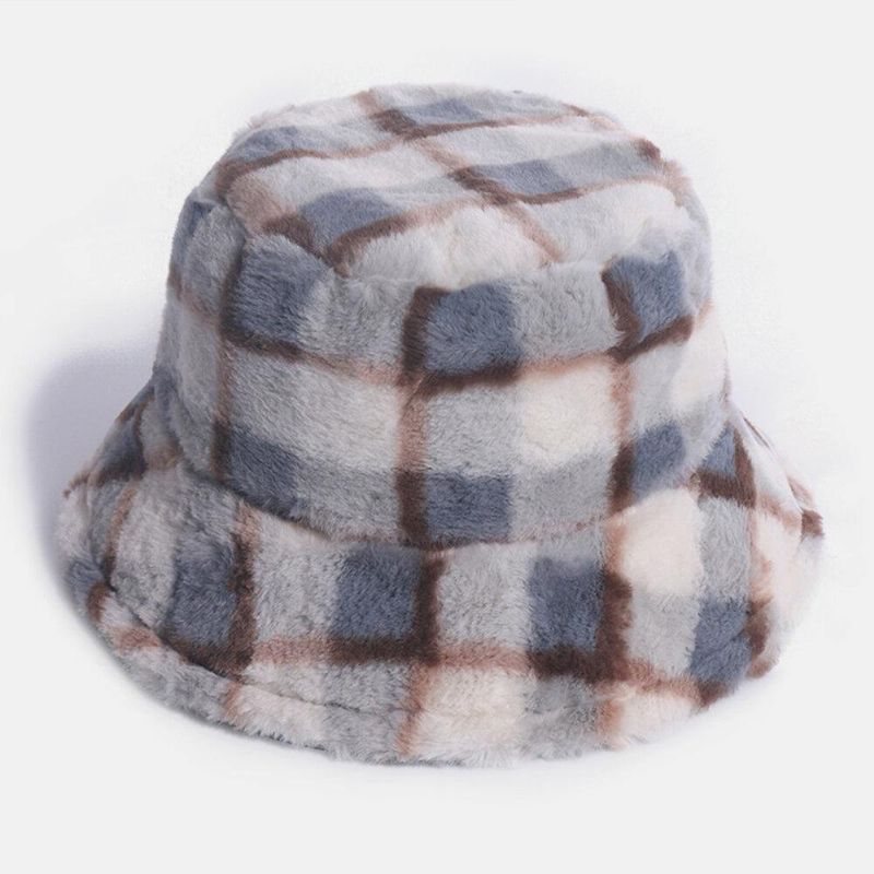 Unisex Rabbit Hair Plaids Pattern Plus Thicken Warm Windproof Pehmeä All-Match Travel Bucket Hat