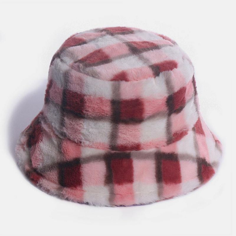 Unisex Rabbit Hair Plaids Pattern Plus Thicken Warm Windproof Pehmeä All-Match Travel Bucket Hat